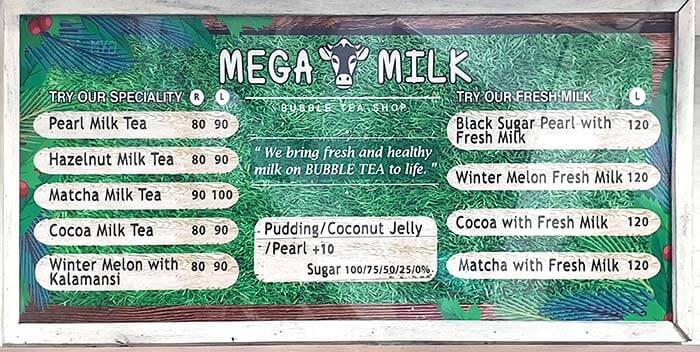 MEGA MILK menu, 菜單, 目錄, 價格