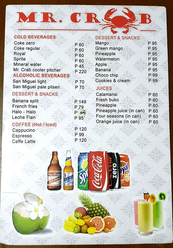 Mr. CRAB菜單, Menu, 價格