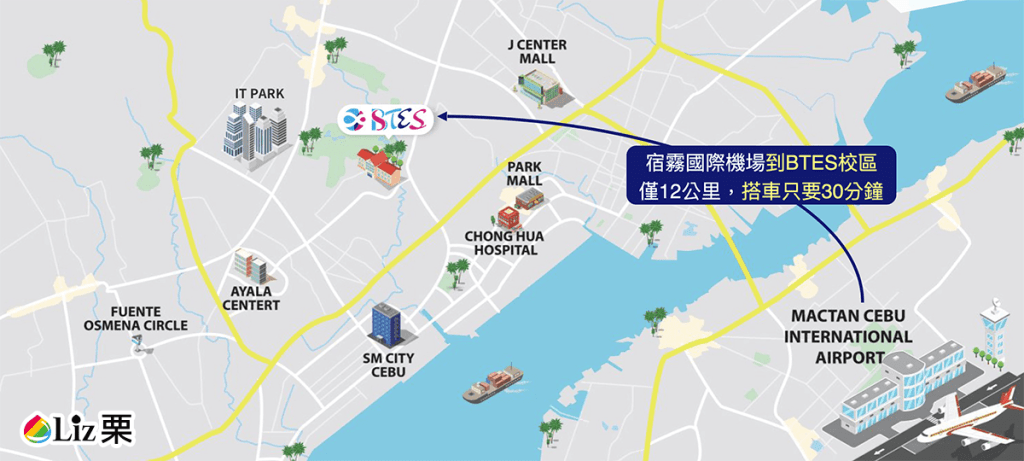 BTES語言學校 距離 宿霧機場，大約30分鐘車程